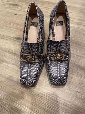 Louise et Cie Black and Gray Snake-Print Loafers with Gold Buckle